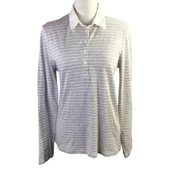 Amina Rubinacci Italy Polo Long Sleeve Gray White Stripe Cotton Size 48 or US 12 - Picture 3 of 10